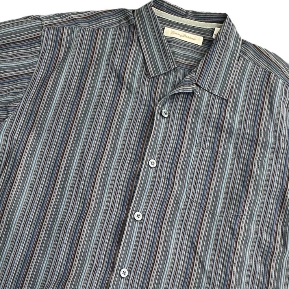 Tommy Bahama Mens Large Silk Short Sleeve Button Front‎ Striped Camp Shirt Blue